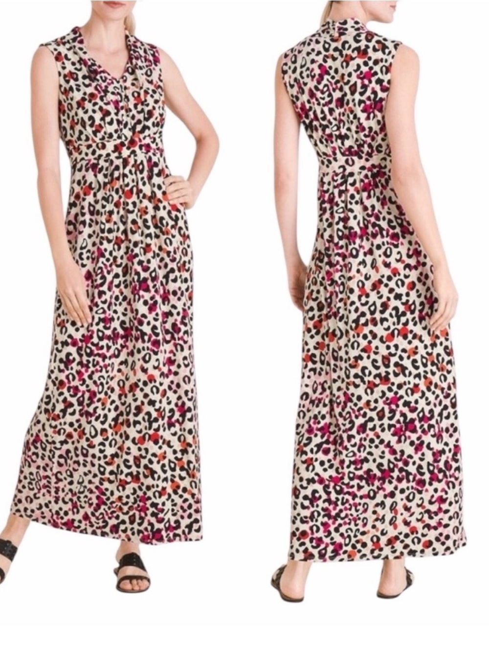 Chico's Sleeveless Leopard Print Maxi Dress in Cream, Pink and Orange